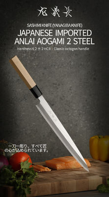 Calidad Cuchillo japonés Yanagiba Sashimi profesional con papel azul Aogami #2 núcleo de acero y hoja de bisel único de 270 mm fábrica