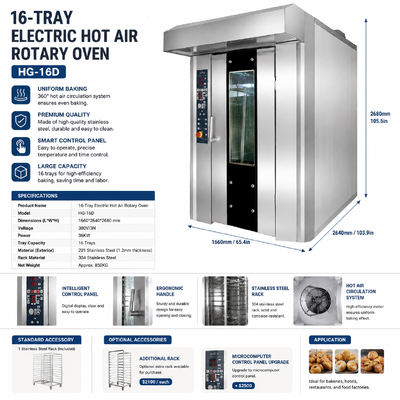 品質 16段式電気熱風回転オーブン – モデルHG-16D | 380V工業用ベーキングオーブン（304ステンレス鋼ラック付き） 工場